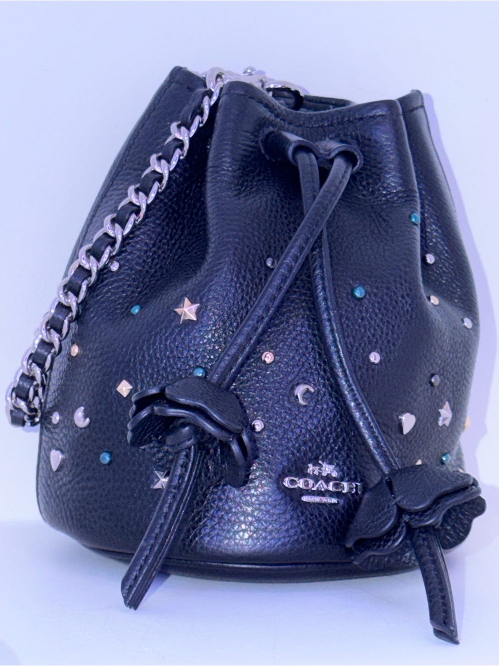 COACH Black Leather Drawstring Bucket Bag with Star & Stud Accents